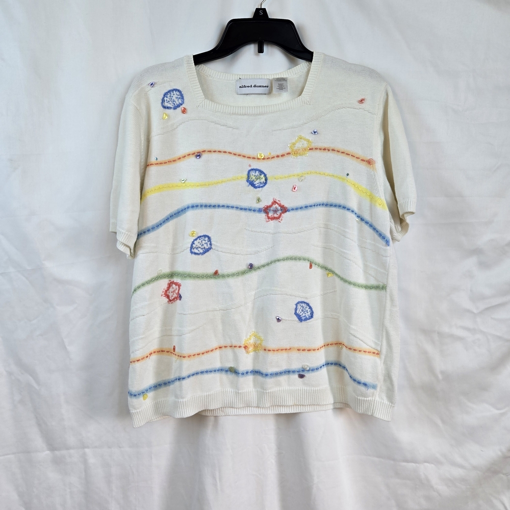 Alfred Dunner Women Vintage Ivory Colorful Embroidery Short Sleeve Sweater Large